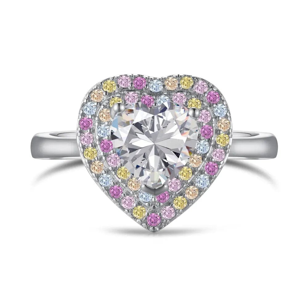 Dylam Sparkling Heart Shape S925 Sterling Silver Ring Band Rainbow Colorful Pink Diamond Cz Cubic Zirconia Rings Jewelry Women