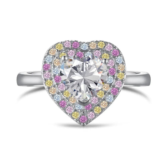 Dylam Sparkling Heart Shape S925 Sterling Silver Ring Band Rainbow Colorful Pink Diamond Cz Cubic Zirconia Rings Jewelry Women