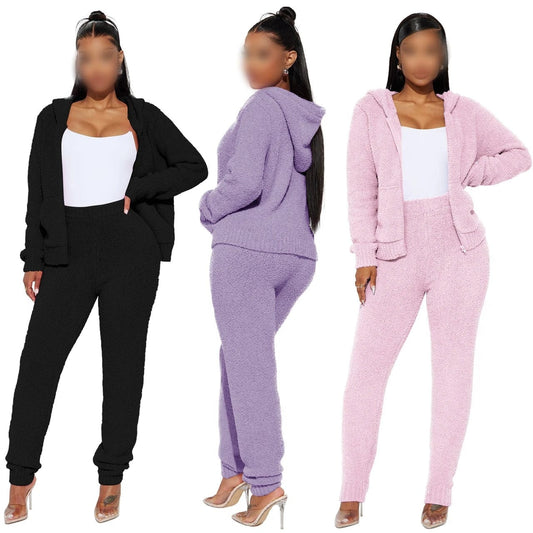 Fall 2024 Women Clothes Hoodie Lounge Wear Long Sleeve Boutique Plush Two Piece Set