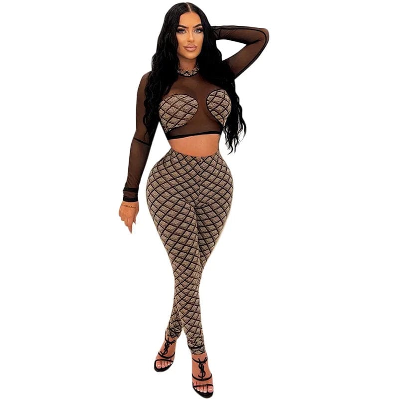 Fall Long Sleeve Mesh Crop Tops Body Suite 2 Piece Set Casual Clothes for Women Sexy Club Two Piece Pants Set Autumn Clothing