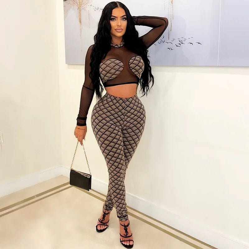 Fall Long Sleeve Mesh Crop Tops Body Suite 2 Piece Set Casual Clothes for Women Sexy Club Two Piece Pants Set Autumn Clothing