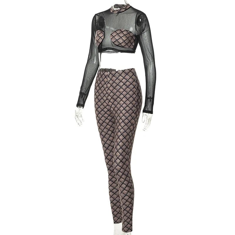 Fall Long Sleeve Mesh Crop Tops Body Suite 2 Piece Set Casual Clothes for Women Sexy Club Two Piece Pants Set Autumn Clothing