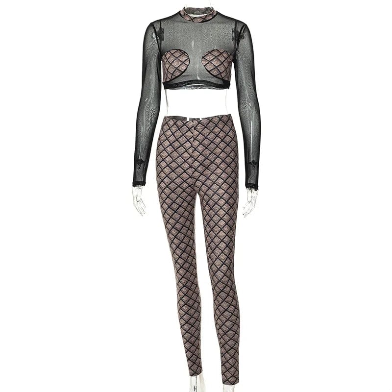 Fall Long Sleeve Mesh Crop Tops Body Suite 2 Piece Set Casual Clothes for Women Sexy Club Two Piece Pants Set Autumn Clothing