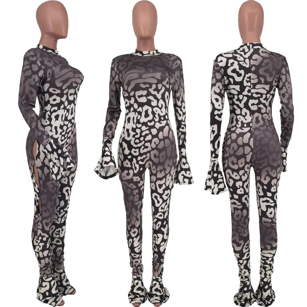 Fall Women Playsuit Printing Ladies Body Suit Women Y2K Sexy Hollow out Rompers & Jumpsuits with Flare Sleeve