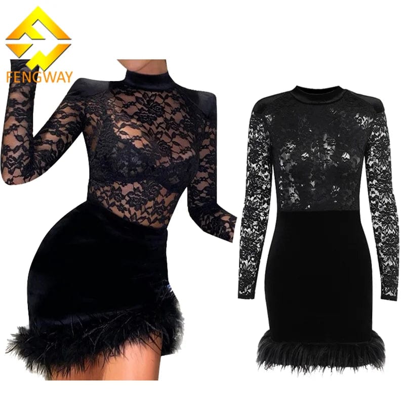 Fengway 2024 Patchwork Fur Velvet Bodycon Dress Spring Women's Clothing Nightclub Sexy Lace See Through Dress