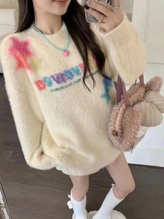 Free / 1 2024 Spring new arrival Ladies crew neck long sleeve sweater star fluffy women sweater jumper