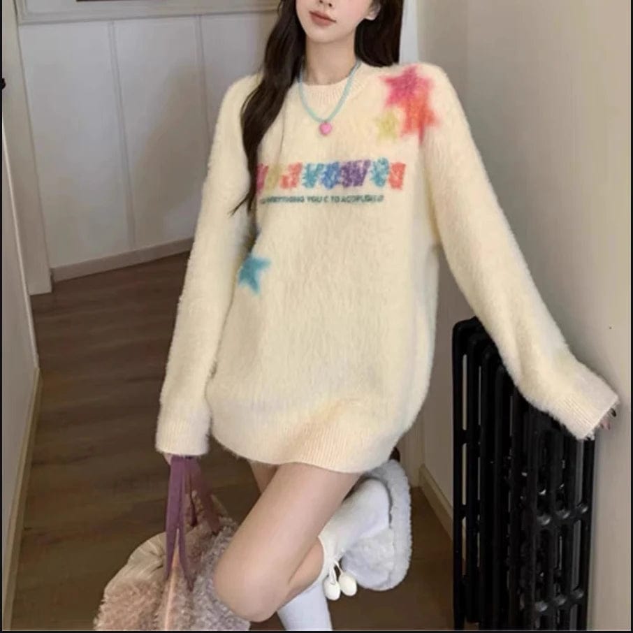 Free / 1 2024 Spring new arrival Ladies crew neck long sleeve sweater star fluffy women sweater jumper