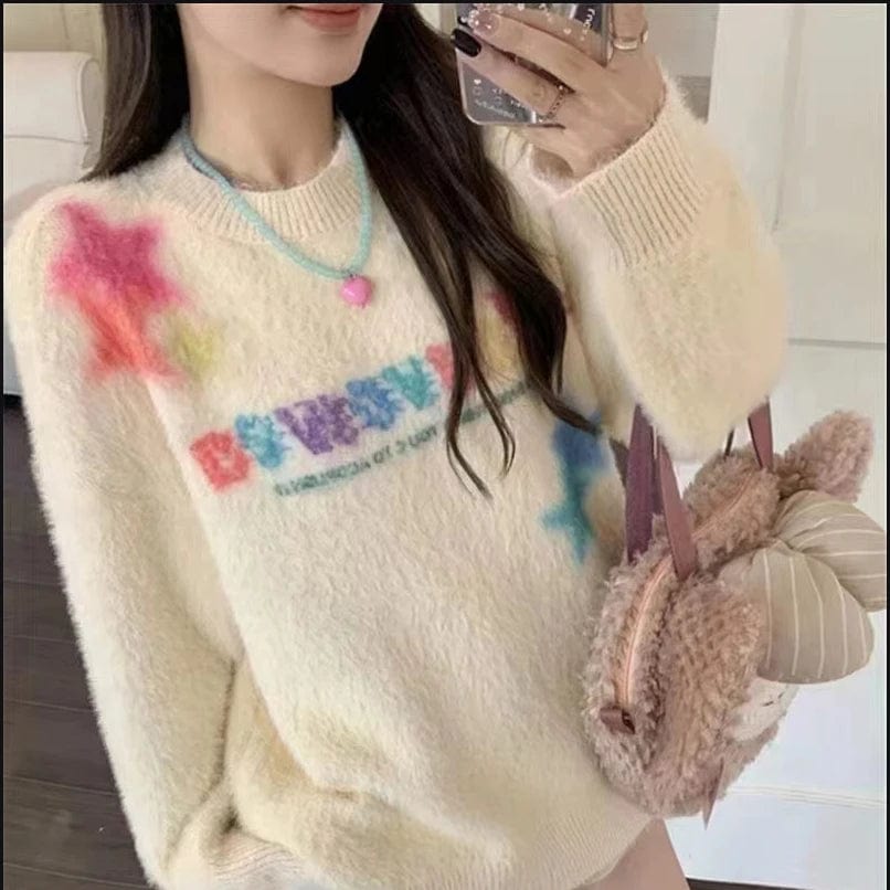 Free / 1 2024 Spring new arrival Ladies crew neck long sleeve sweater star fluffy women sweater jumper