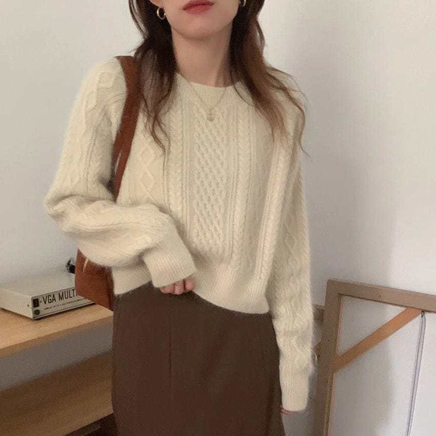 Free / Apricot 2024 Spring new arrival girls crew neck long sleeve loose fitting solid color short sweater jumper