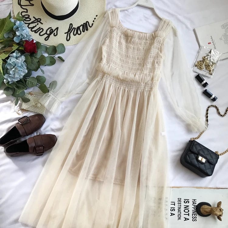 Free / Beige New Hot Sale Lace Mesh Dress Casual Club Party Wear High Waist Women Elegant Long Dress Sexy Spring Clothing E11069