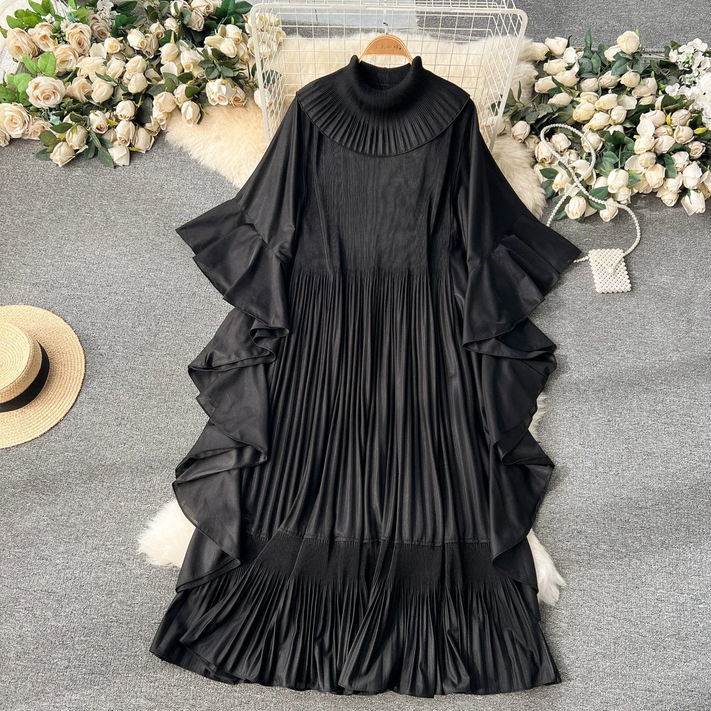 Free / Black 2024 Spring Elegant Pleats Fashion-forward Round Neck Dress For West Asian Women Ruffles Swing Dress