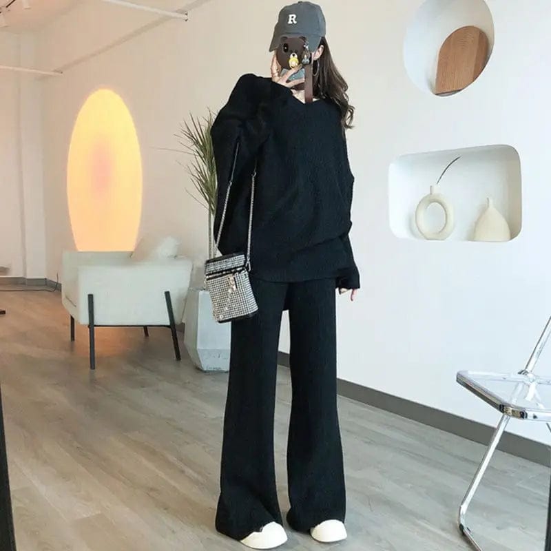 Free / Black 2024 spring new arrival fashion lady v neck batwing sleeve top with long pants sweater twin set