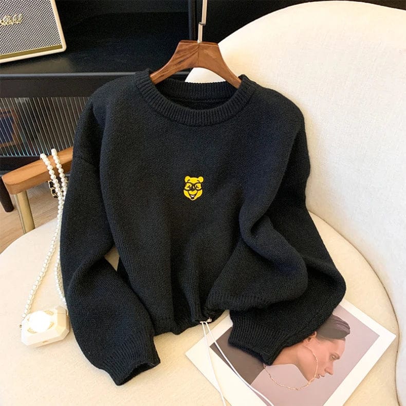 Free / Black 2024 Spring new arrival Ladies crew neck raglan sleeve sweater loose drawstring cartoon cake sweater jumper