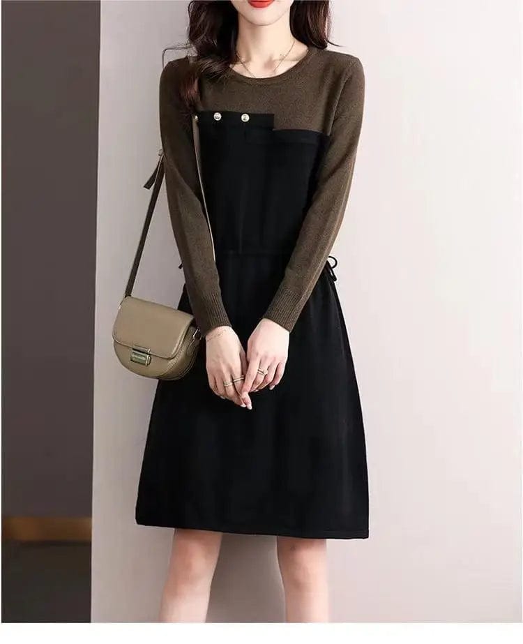 Free / Black 2024 Spring new arrival lady crew neck long sleeve color blocking dress elegant style cable knit sweater dress