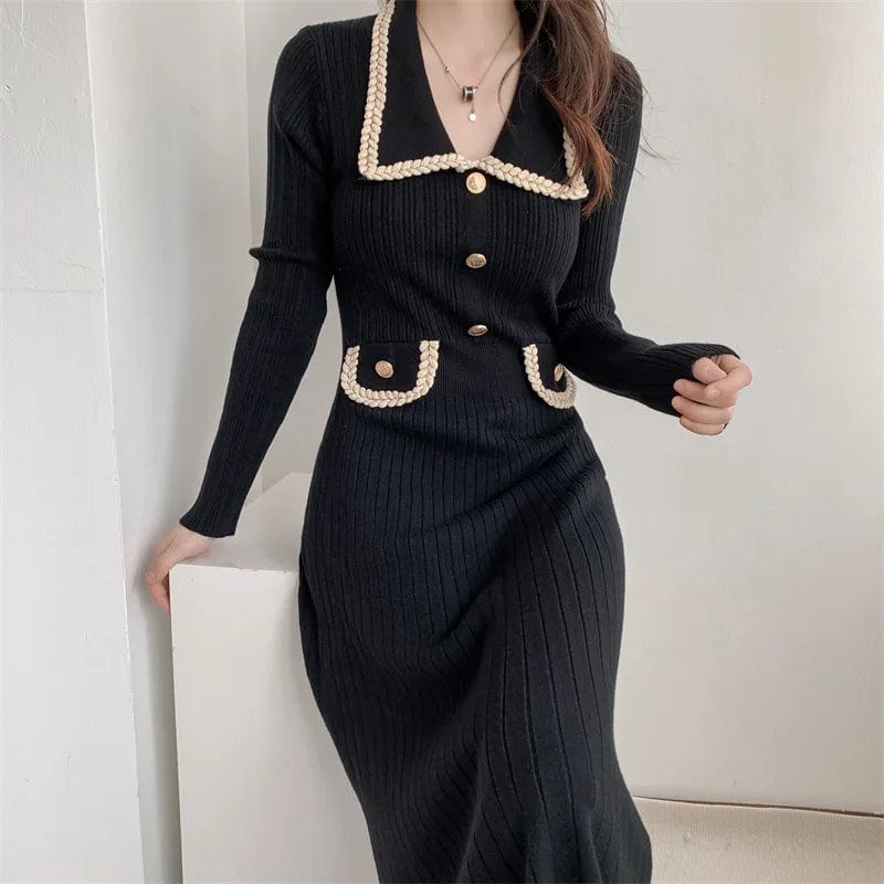 Free / Black 2024 Spring new arrival lady luxurious long sleeve sweater dress button enelvated high waist sweater dress