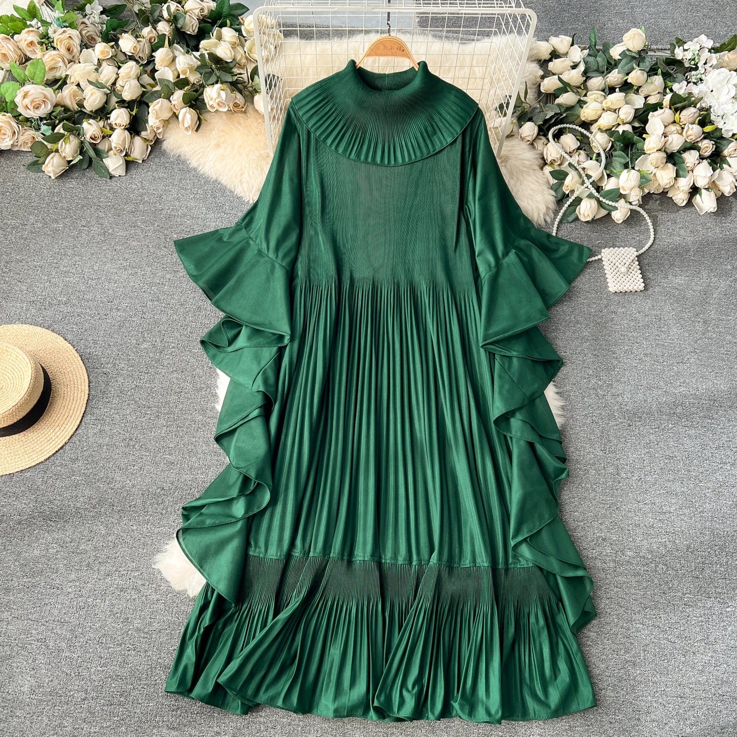 Free / blackish green 2024 Spring Elegant Pleats Fashion-forward Round Neck Dress For West Asian Women Ruffles Swing Dress