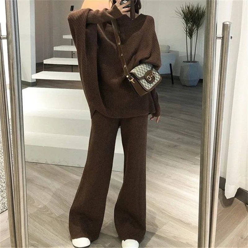 Free / Brown 2024 spring new arrival fashion lady v neck batwing sleeve top with long pants sweater twin set