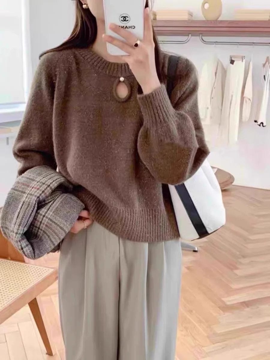 Free / Brown 2024 Spring new arrival girls crew neck long sleeve beading solid color classic elegant sweater jumper