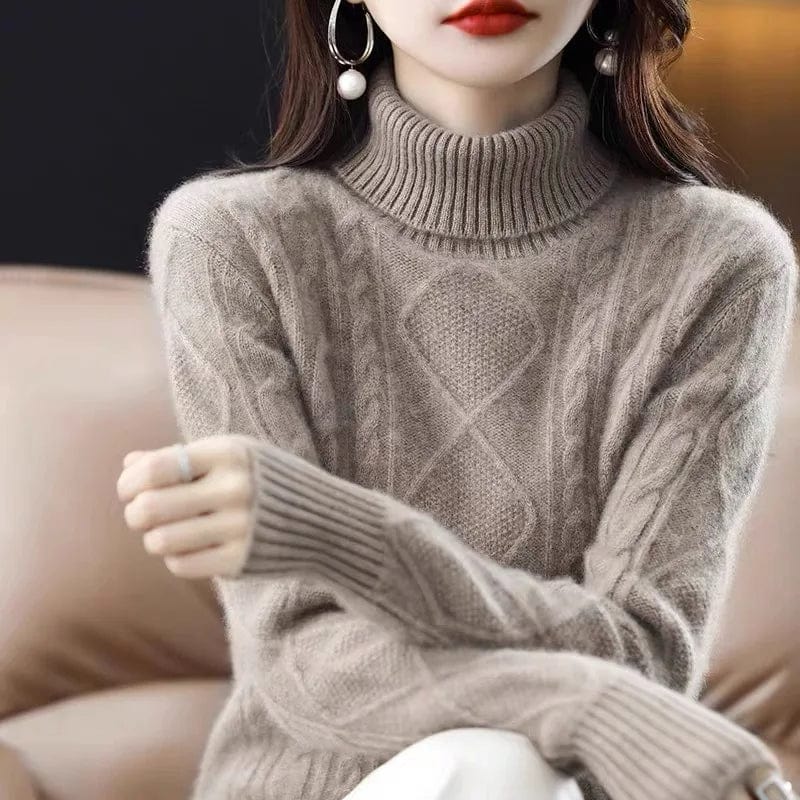 Free / Brown 2024 Spring new arrival Ladies turtleneck long sleeve comfortable cable knit women sweater pullover