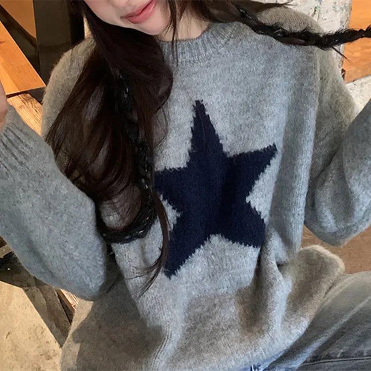 Free / Gray 2024 Spring new arrival long sleeve jumper star cable knit women sweater pullover