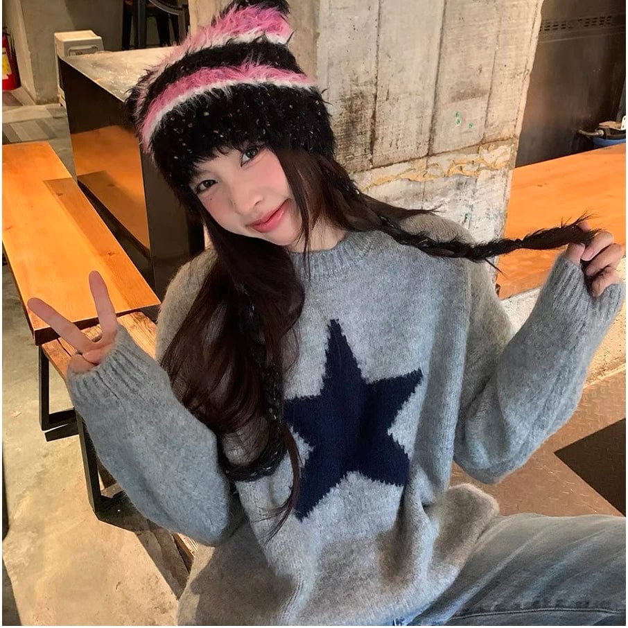 Free / Gray 2024 Spring new arrival long sleeve jumper star cable knit women sweater pullover