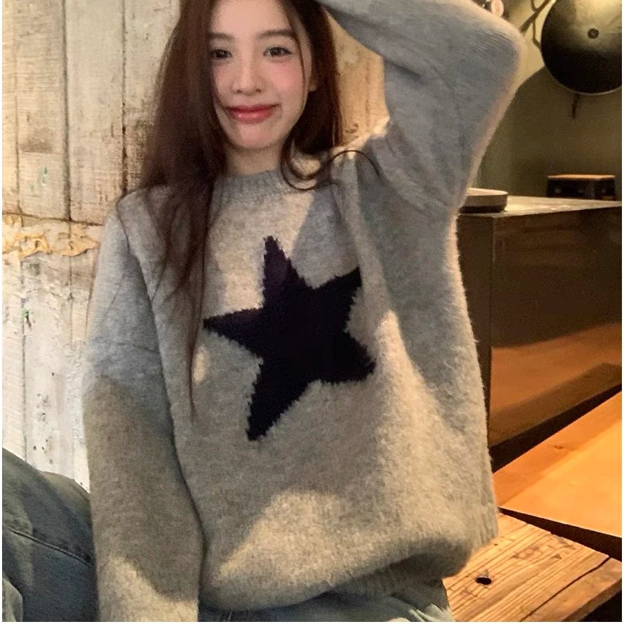 Free / Gray 2024 Spring new arrival long sleeve jumper star cable knit women sweater pullover