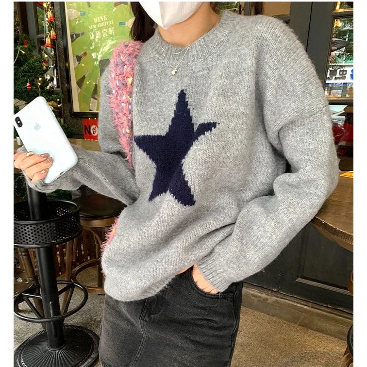 Free / Gray 2024 Spring new arrival long sleeve jumper star cable knit women sweater pullover