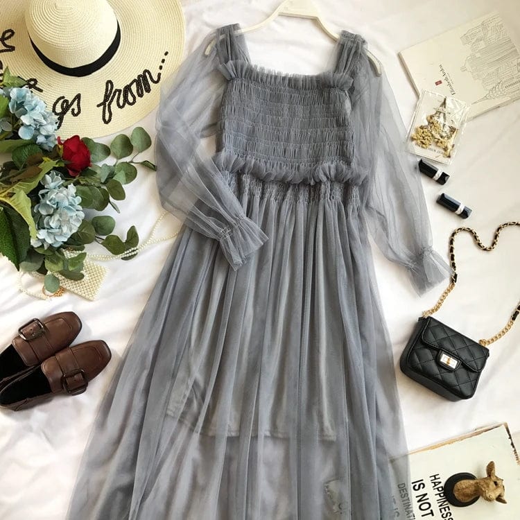 Free / Gray New Hot Sale Lace Mesh Dress Casual Club Party Wear High Waist Women Elegant Long Dress Sexy Spring Clothing E11069