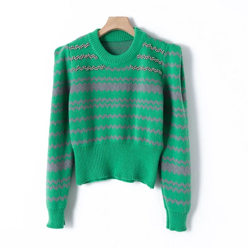 Free / Green 2024 Spring fashionable women crew neck long sleeve  beading pullover jacquard sweater jumper