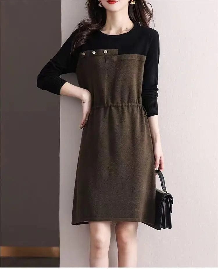 Free / Green 2024 Spring new arrival lady crew neck long sleeve color blocking dress elegant style cable knit sweater dress