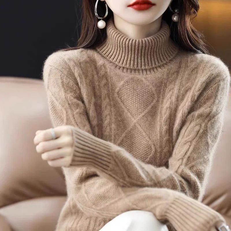 Free / Khaki 2024 Spring new arrival Ladies turtleneck long sleeve comfortable cable knit women sweater pullover