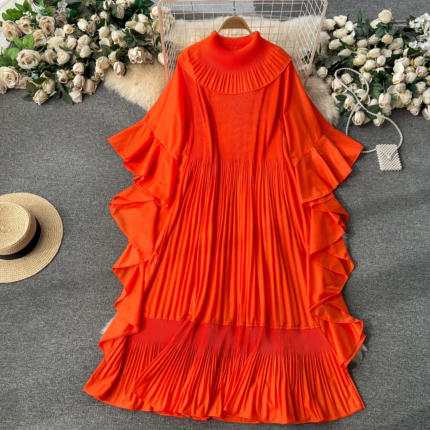 Free / Orange 2024 Spring Elegant Pleats Fashion-forward Round Neck Dress For West Asian Women Ruffles Swing Dress