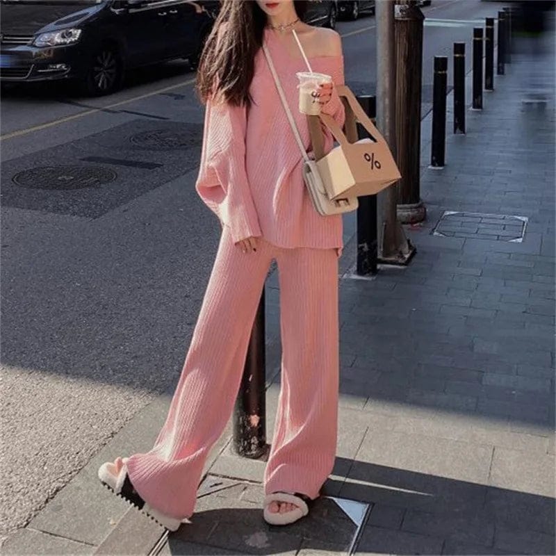 Free / Pink 2024 spring new arrival fashion lady v neck batwing sleeve top with long pants sweater twin set