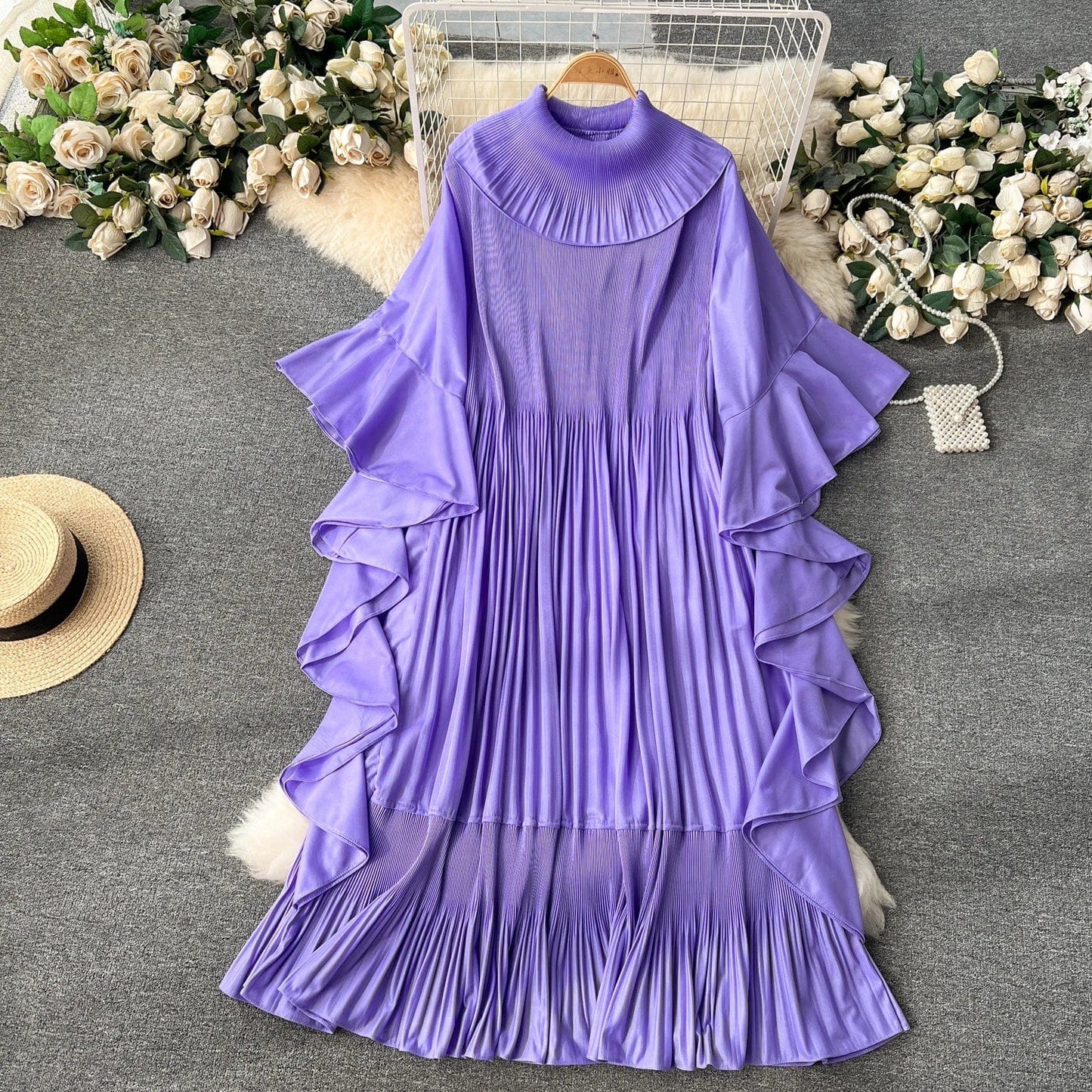 Free / Purple 2024 Spring Elegant Pleats Fashion-forward Round Neck Dress For West Asian Women Ruffles Swing Dress