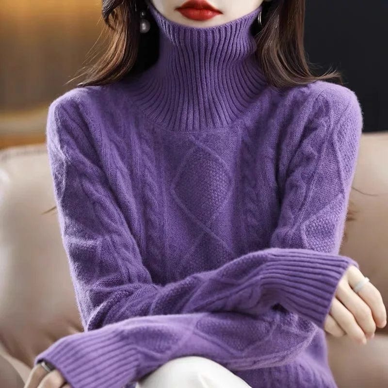 Free / Purple 2024 Spring new arrival Ladies turtleneck long sleeve comfortable cable knit women sweater pullover