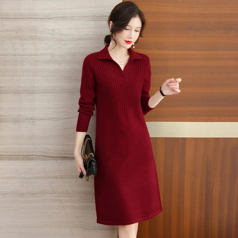 Free / Red 2024 Spring new arrival lady V- neck lapel long sleeve cable knit dress sweater dress