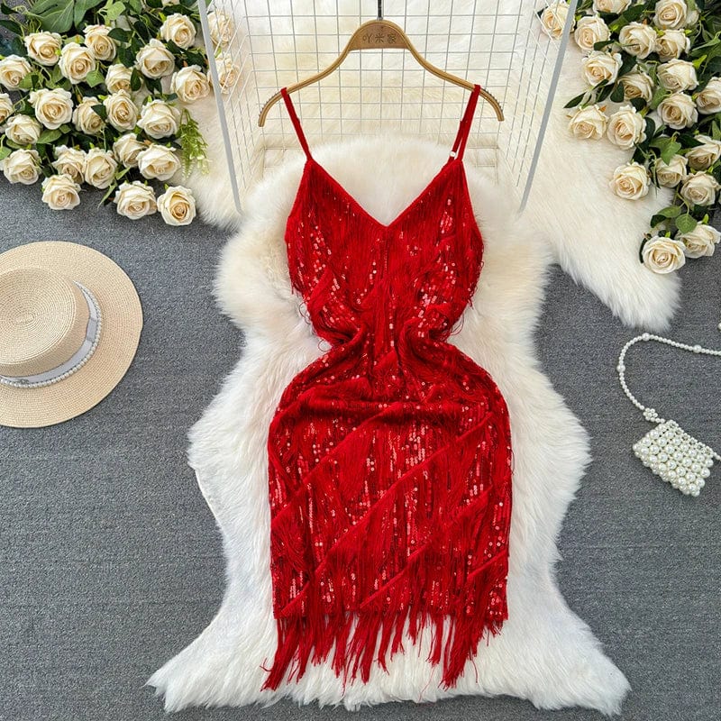 Free / Red Latin Dance Dress Women Sequined Tassel V-neck Bodycon Mini Party Dresses Solid Color Luxury French Clubwear Straps Dress