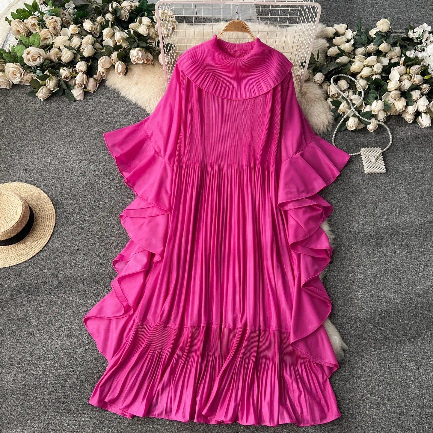 Free / Rose Madder 2024 Spring Elegant Pleats Fashion-forward Round Neck Dress For West Asian Women Ruffles Swing Dress