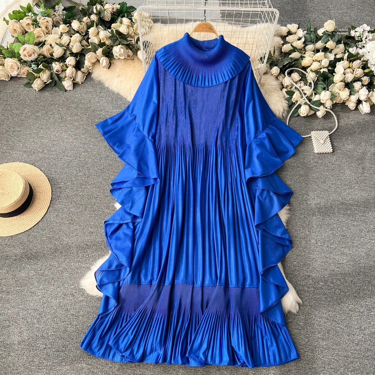 Free / royal blue 2024 Spring Elegant Pleats Fashion-forward Round Neck Dress For West Asian Women Ruffles Swing Dress