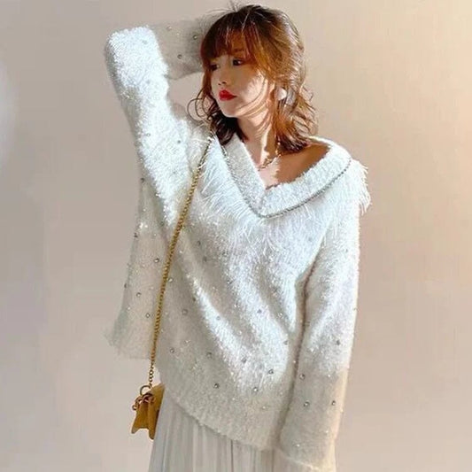 Free / White 2024 Spring fashionable women crew neck long sleeve oversize fluffy solid beading pullover sweater jumper