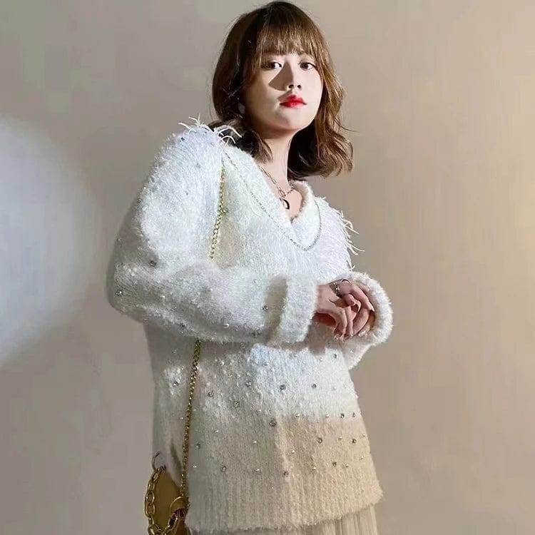 Free / White 2024 Spring fashionable women crew neck long sleeve oversize fluffy solid beading pullover sweater jumper