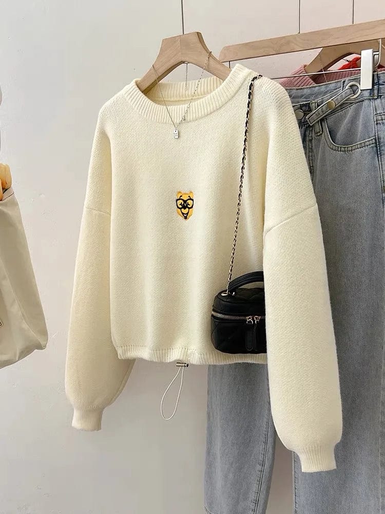 Free / White 2024 Spring new arrival Ladies crew neck raglan sleeve sweater loose drawstring cartoon cake sweater jumper