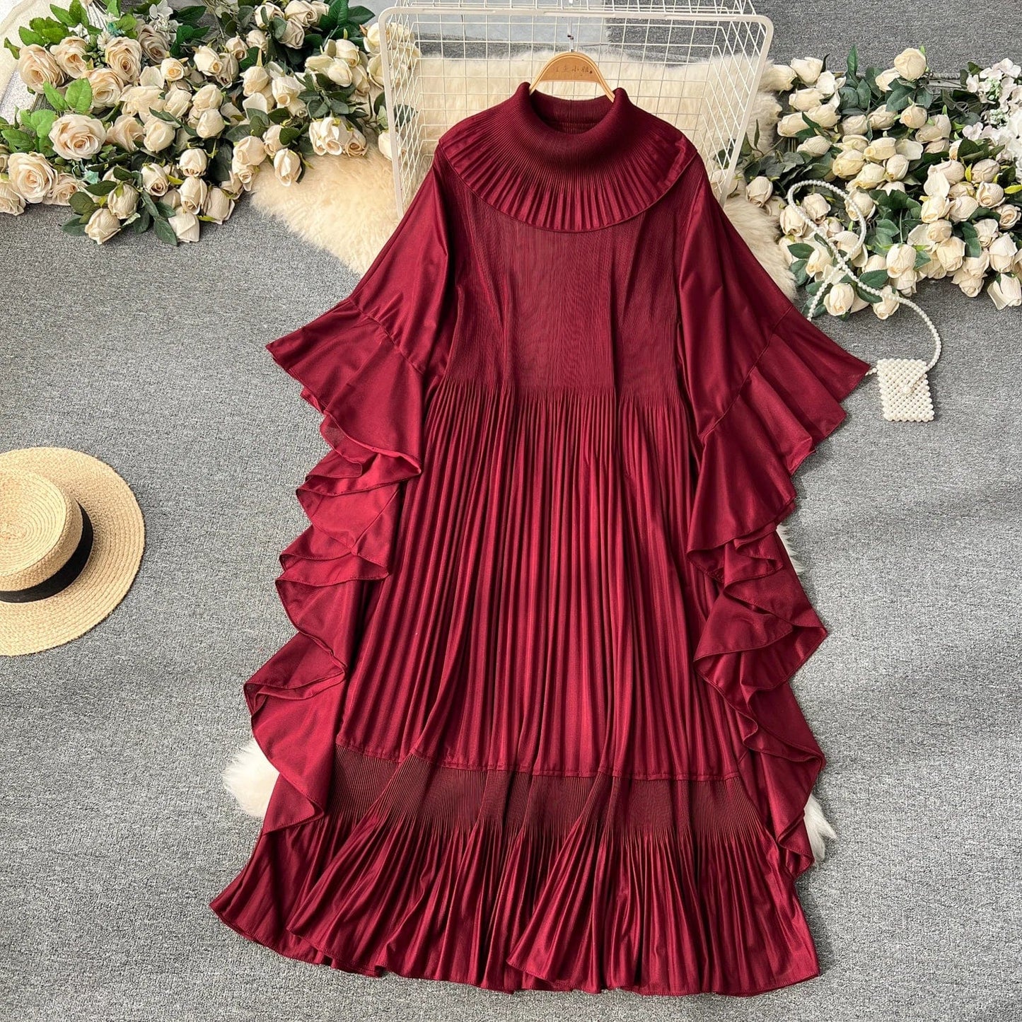 Free / wine red 2024 Spring Elegant Pleats Fashion-forward Round Neck Dress For West Asian Women Ruffles Swing Dress