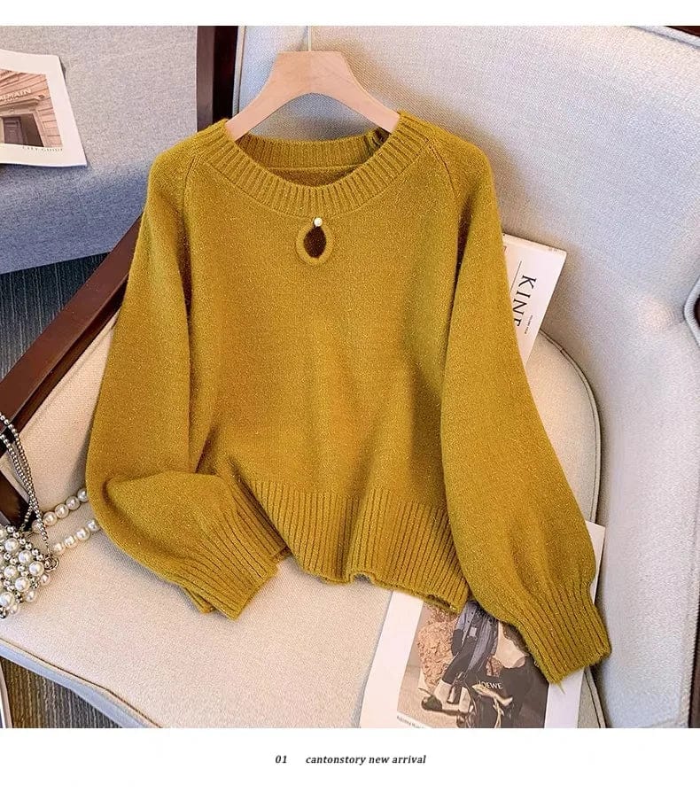 Free / Yellow 2024 Spring new arrival girls crew neck long sleeve beading solid color classic elegant sweater jumper