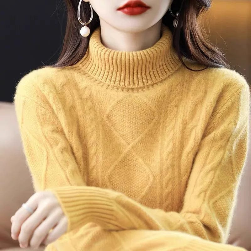 Free / Yellow 2024 Spring new arrival Ladies turtleneck long sleeve comfortable cable knit women sweater pullover