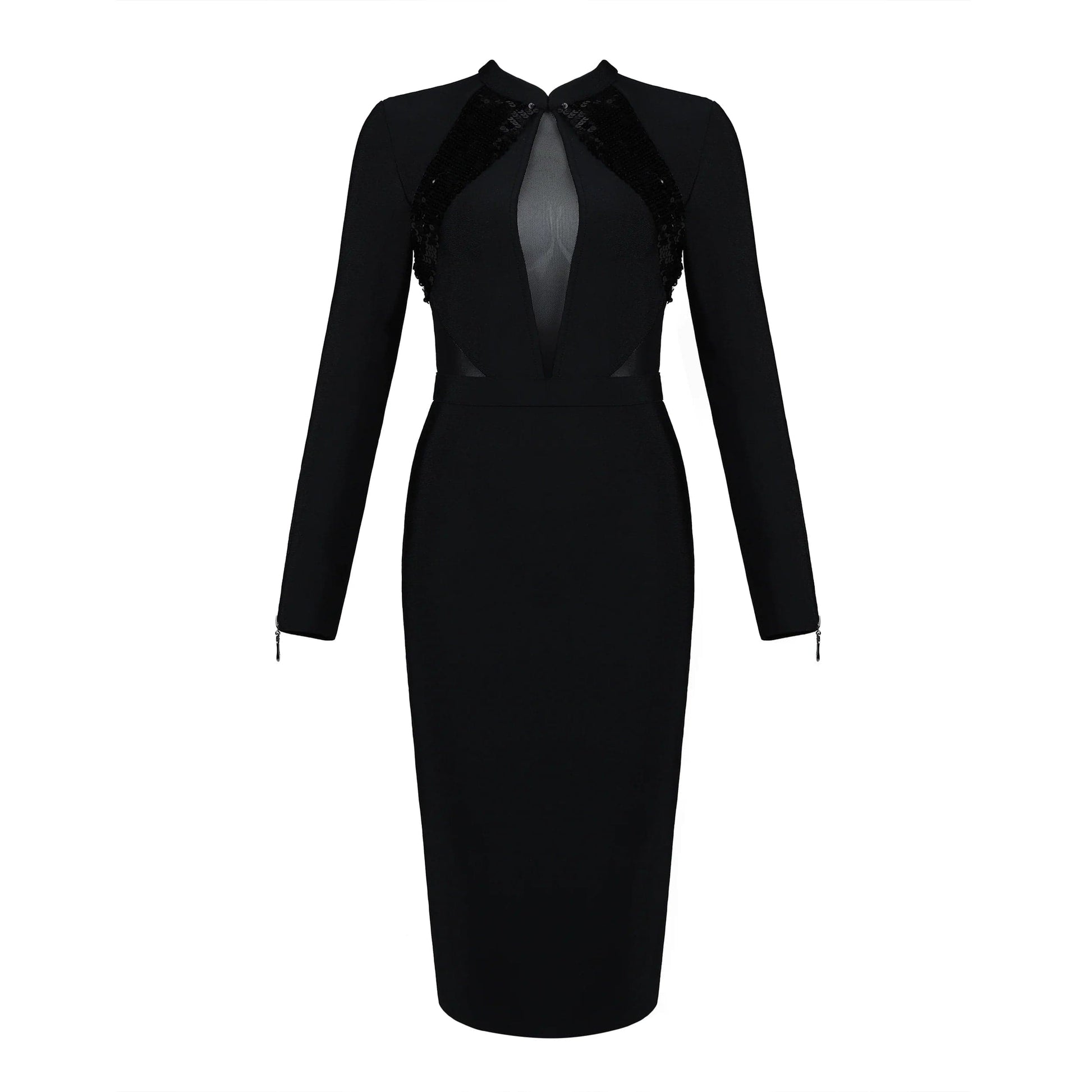 Gauze Long Sleeve Transparent Elegant Bodycon Sequin Zipper Bandage Women Midi Dress Autumn Daily