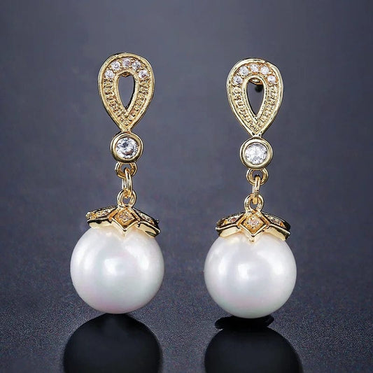 Gold RAKOL EP674   wholesale  women long  drop  earrings  18K gold zircon crystal  pearl  earrings wedding jewelry