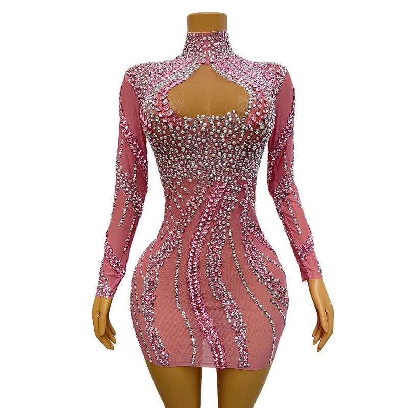 L / as picture Novance Y2919 Evening Dresses 2023 Short Rhinestone Mini Dress Formal Pink Dresses Women Lady Elegant Party Clubwear