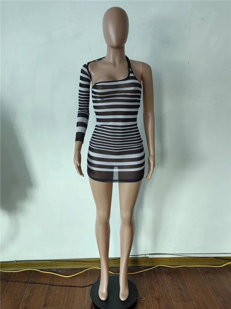 L / Black 2024 Spring New Women See Through Striped One Shoulder Sheer Mesh Dress