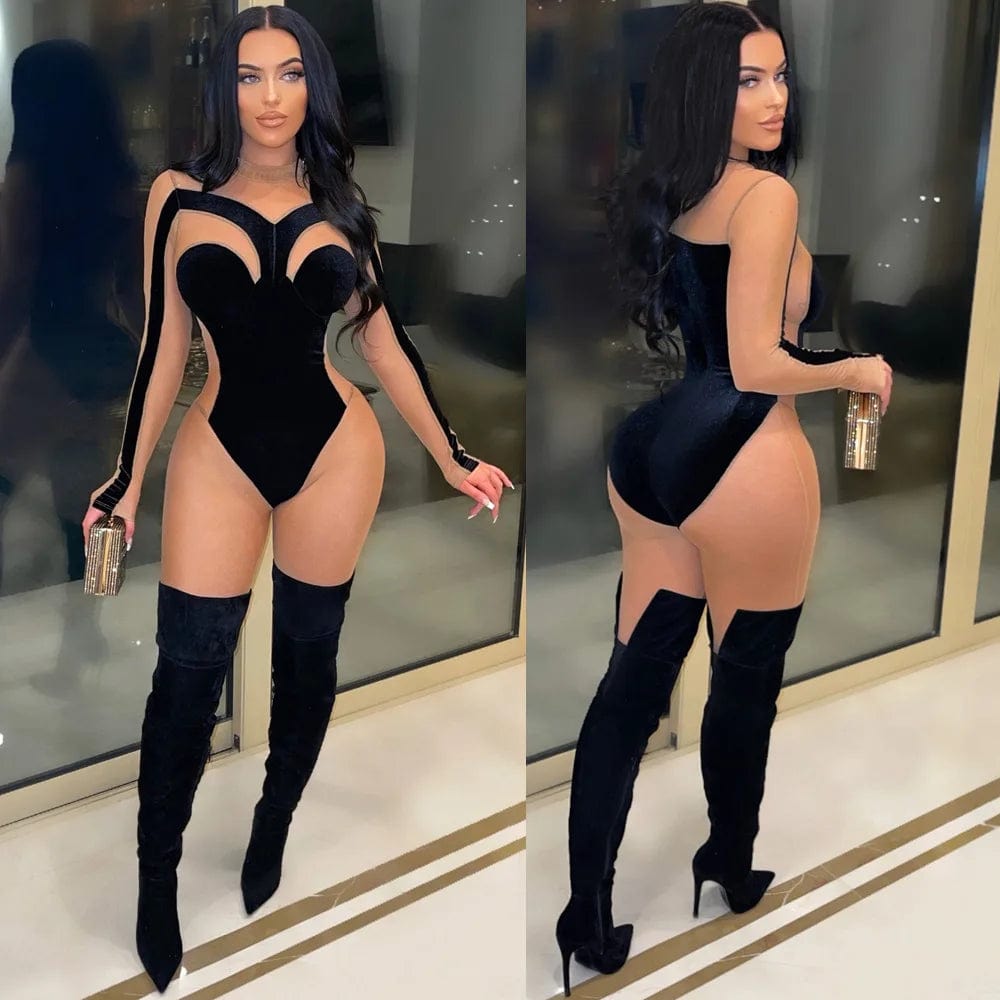 L / Black One Piece See Through Luxury Jumpsuits Women Sexy Sheer Mesh Velvet Body Shaped Bodycon New Spring Lady Woman Outfit Jumpsuit